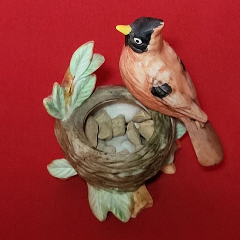 Vintage IW Rice Cardinal Bird Perched on Nest Porcelain Figurine
